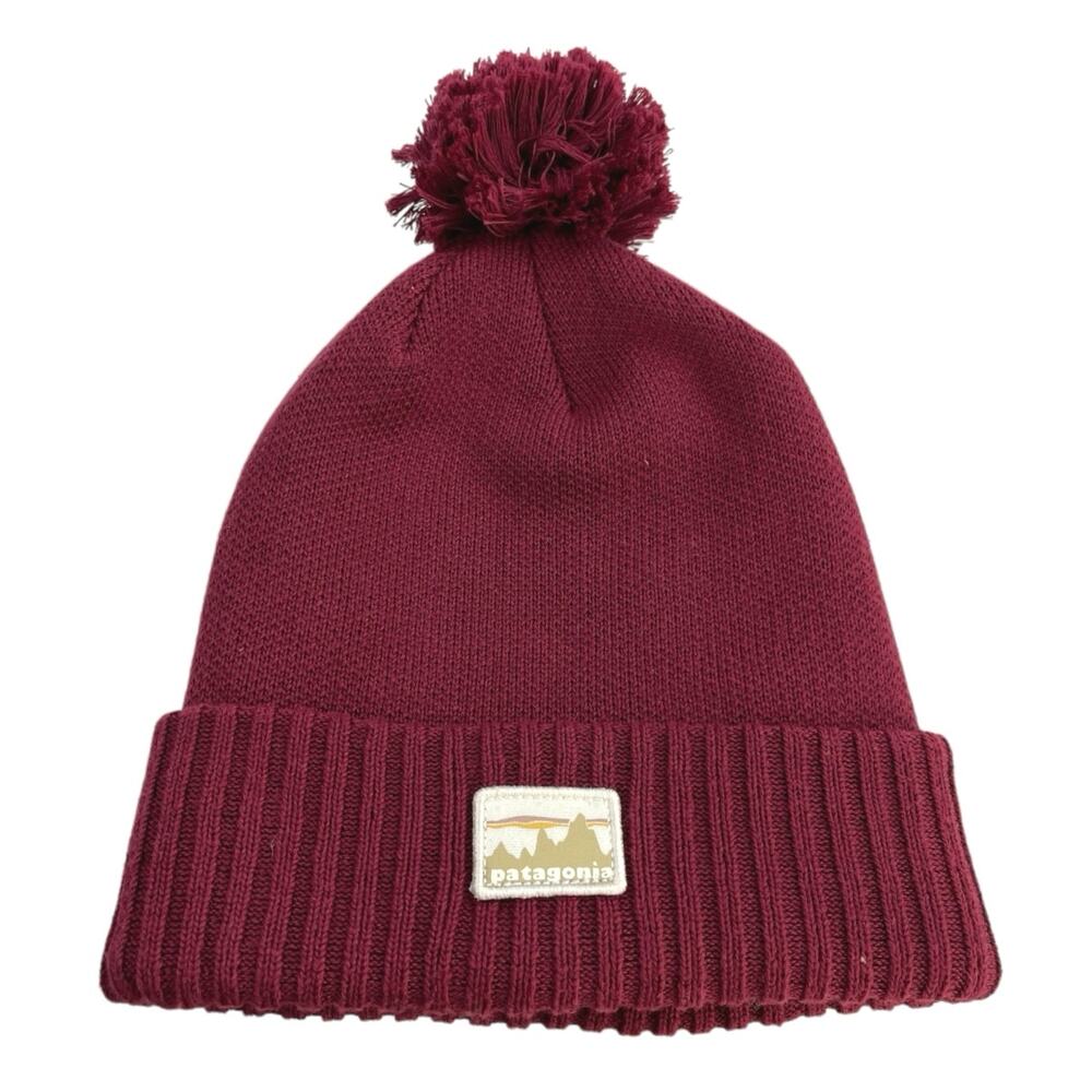 Patagonia Unisex Red Pom Pom Foldover Ribbed Knit Winter Beanie Hat One Size
